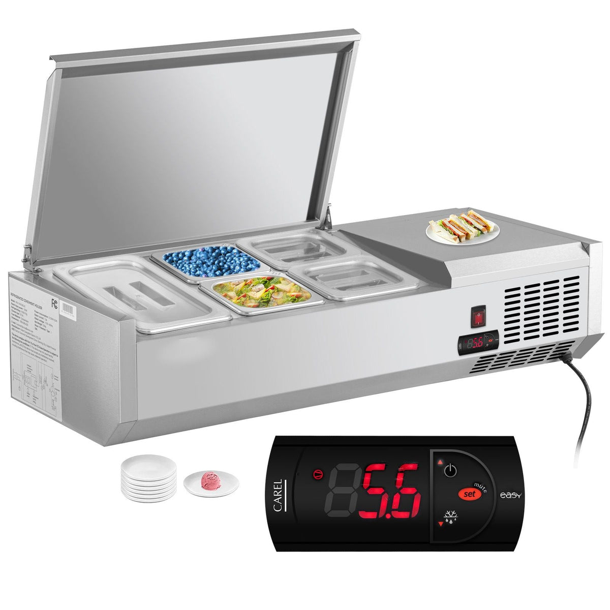 Refrigerated Condiment Prep Station, 40-Inch, 7.8 Qt Sandwich/Salad Prep Table with 1 1/3 Pan & 4 1/6 Pans, 150W Salad Bar with 304 Stainless Body and Cover Temp Adjuster One-Click Defrosting