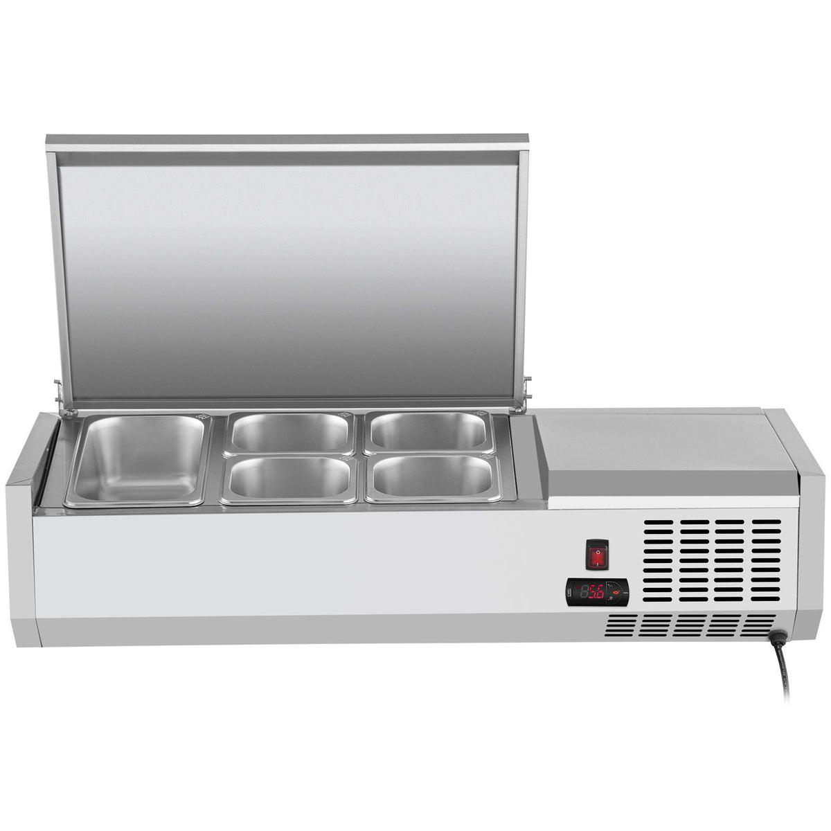 Refrigerated Condiment Prep Station, 40-Inch, 7.8 Qt Sandwich/Salad Prep Table with 1 1/3 Pan & 4 1/6 Pans, 150W Salad Bar with 304 Stainless Body and Cover Temp Adjuster One-Click Defrosting