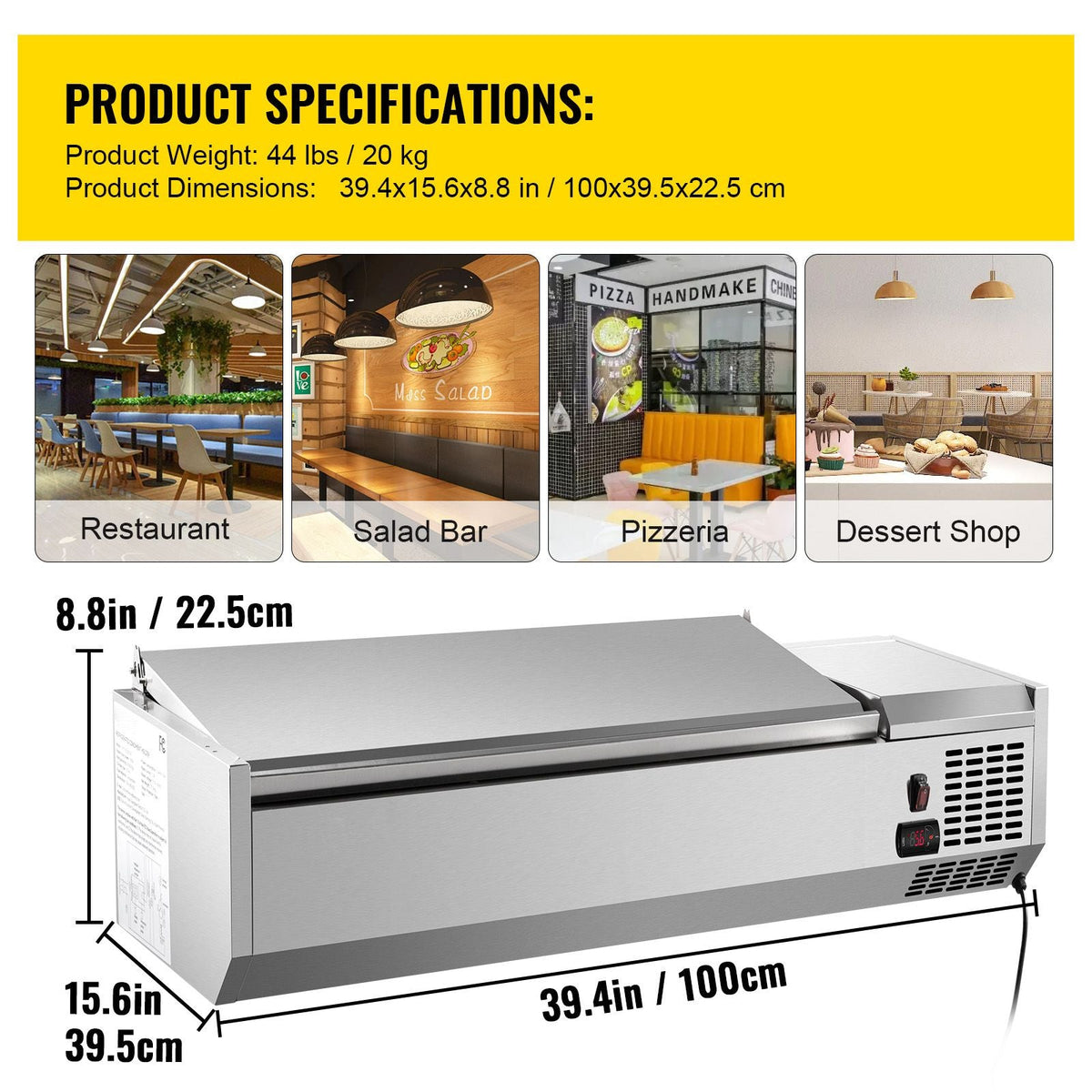 Refrigerated Condiment Prep Station, 40-Inch, 7.8 Qt Sandwich/Salad Prep Table with 1 1/3 Pan & 4 1/6 Pans, 150W Salad Bar with 304 Stainless Body and Cover Temp Adjuster One-Click Defrosting