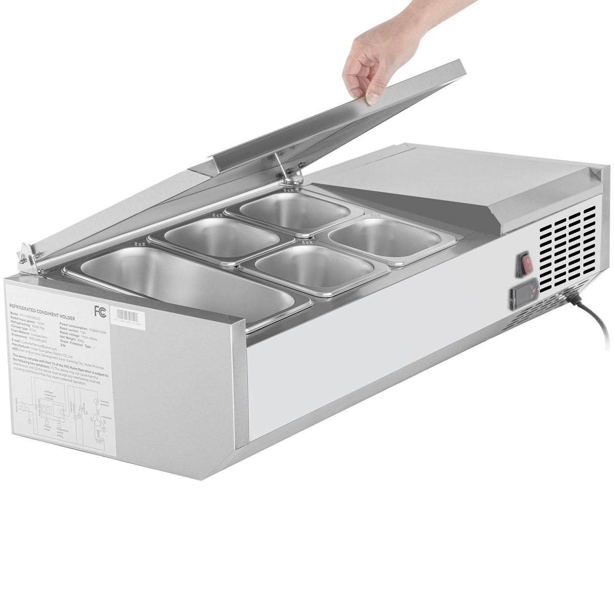 Refrigerated Condiment Prep Station, 40-Inch, 7.8 Qt Sandwich/Salad Prep Table with 1 1/3 Pan & 4 1/6 Pans, 150W Salad Bar with 304 Stainless Body and Cover Temp Adjuster One-Click Defrosting
