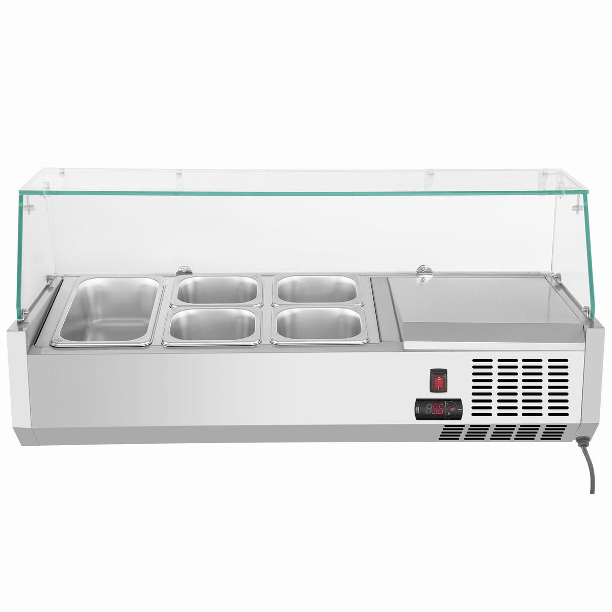 Refrigerated Condiment Prep Station, 40-Inch, 7.8Qt Sandwich Prep Table with 1 1/3 Pan & 4 1/6 Pans, 150W Salad Bar with 304 Stainless Body Tempered Glass Shield Digital Temp Display Auto Defros