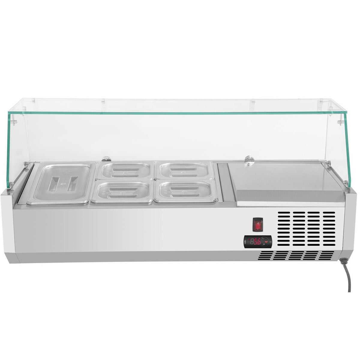 Refrigerated Condiment Prep Station, 40-Inch, 7.8Qt Sandwich Prep Table with 1 1/3 Pan & 4 1/6 Pans, 150W Salad Bar with 304 Stainless Body Tempered Glass Shield Digital Temp Display Auto Defros
