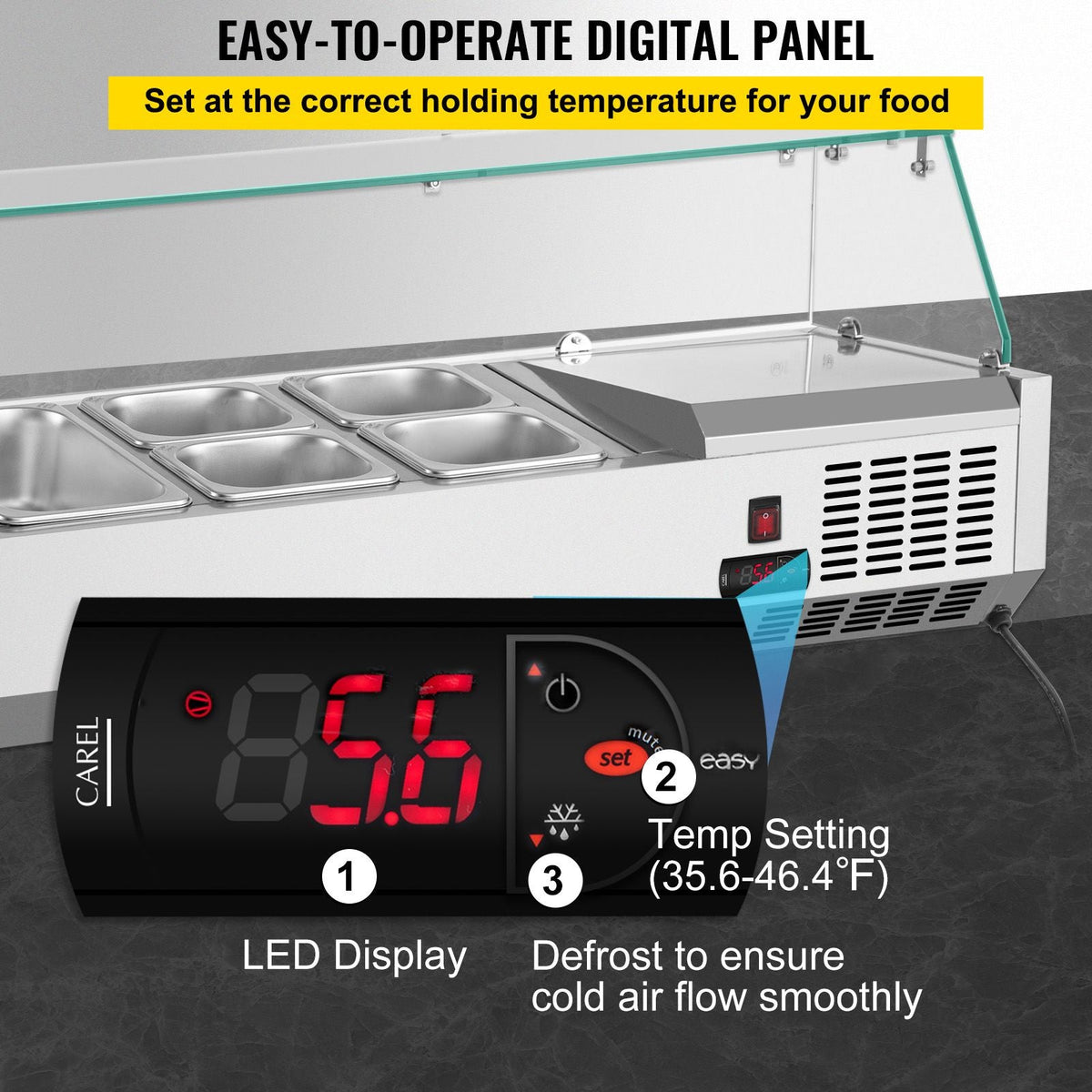 Refrigerated Condiment Prep Station, 40-Inch, 7.8Qt Sandwich Prep Table with 1 1/3 Pan & 4 1/6 Pans, 150W Salad Bar with 304 Stainless Body Tempered Glass Shield Digital Temp Display Auto Defros