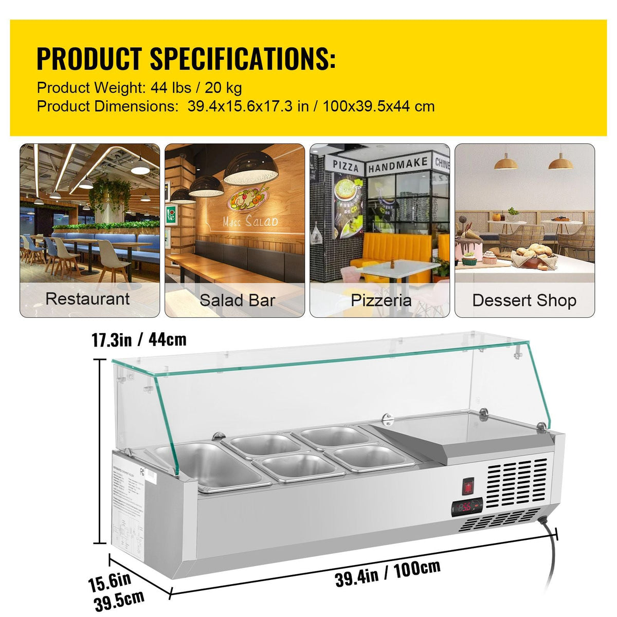 Refrigerated Condiment Prep Station, 40-Inch, 7.8Qt Sandwich Prep Table with 1 1/3 Pan & 4 1/6 Pans, 150W Salad Bar with 304 Stainless Body Tempered Glass Shield Digital Temp Display Auto Defros