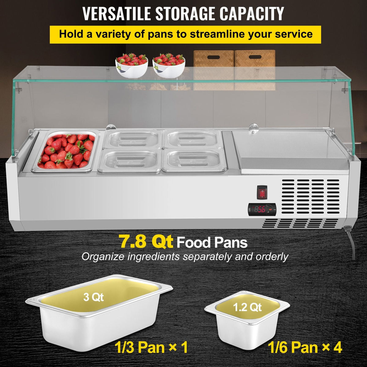 Refrigerated Condiment Prep Station, 40-Inch, 7.8Qt Sandwich Prep Table with 1 1/3 Pan & 4 1/6 Pans, 150W Salad Bar with 304 Stainless Body Tempered Glass Shield Digital Temp Display Auto Defros
