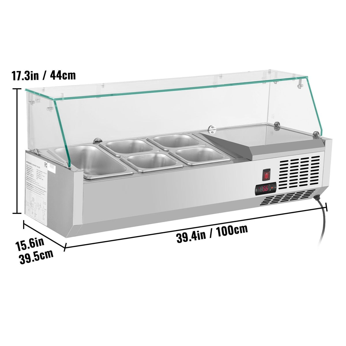 Refrigerated Condiment Prep Station, 40-Inch, 7.8Qt Sandwich Prep Table with 1 1/3 Pan & 4 1/6 Pans, 150W Salad Bar with 304 Stainless Body Tempered Glass Shield Digital Temp Display Auto Defros