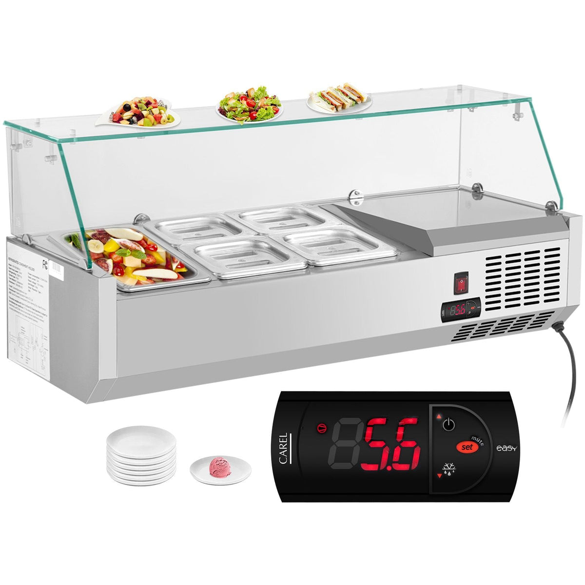 Refrigerated Condiment Prep Station, 40-Inch, 7.8Qt Sandwich Prep Table with 1 1/3 Pan & 4 1/6 Pans, 150W Salad Bar with 304 Stainless Body Tempered Glass Shield Digital Temp Display Auto Defros