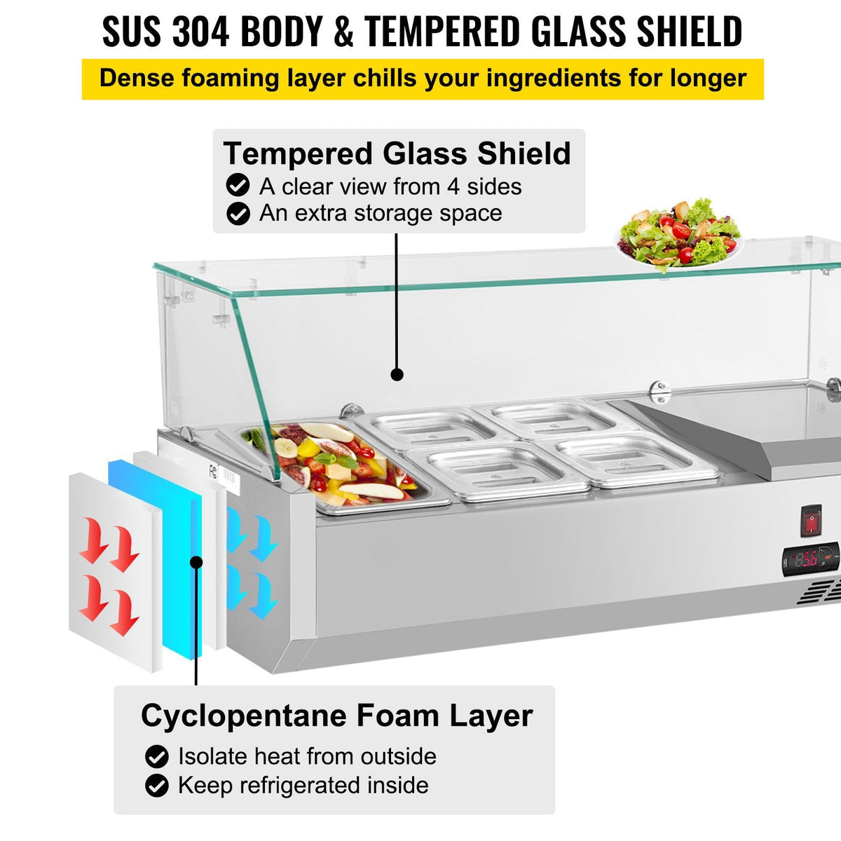 Refrigerated Condiment Prep Station, 40-Inch, 7.8Qt Sandwich Prep Table with 1 1/3 Pan & 4 1/6 Pans, 150W Salad Bar with 304 Stainless Body Tempered Glass Shield Digital Temp Display Auto Defros