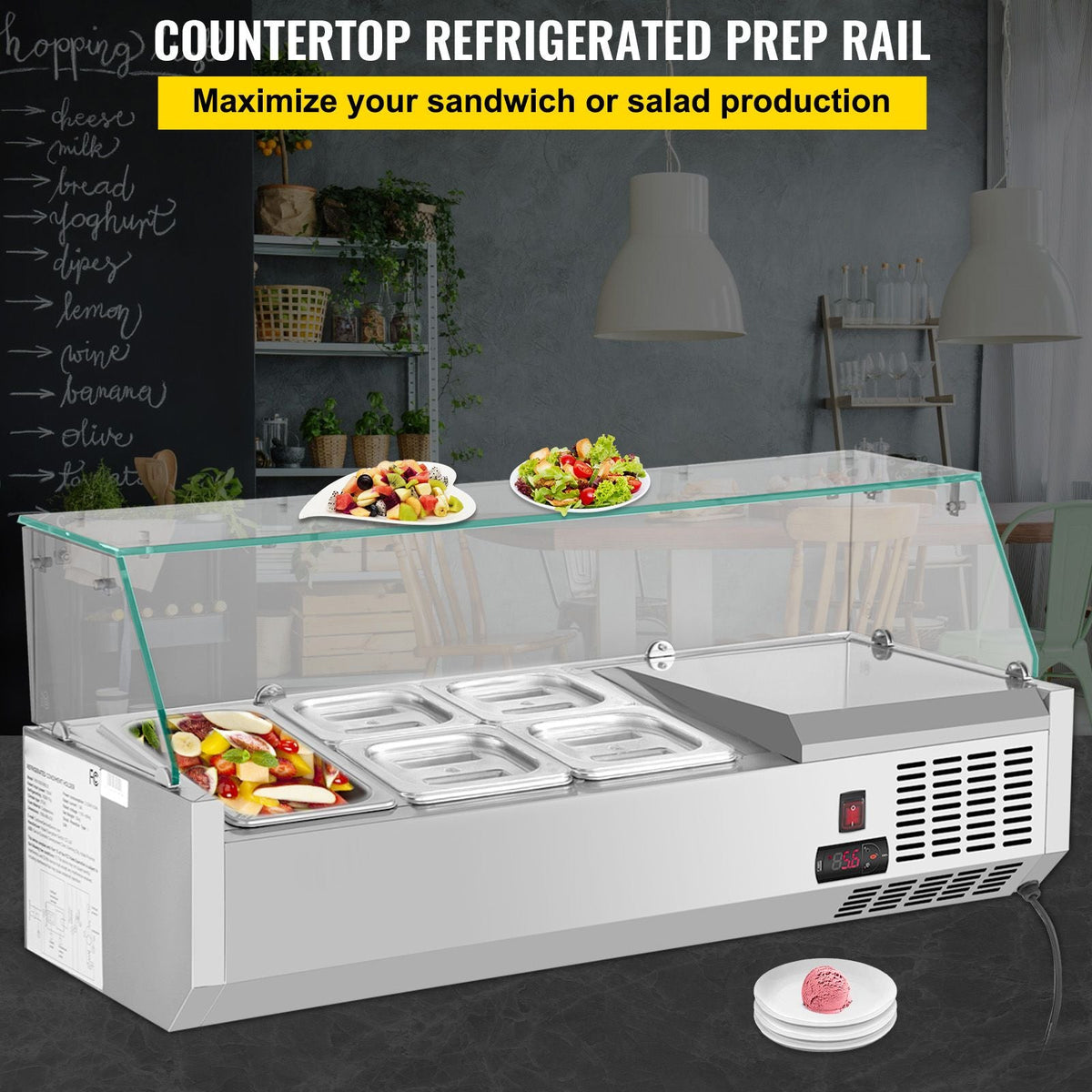 Refrigerated Condiment Prep Station, 40-Inch, 7.8Qt Sandwich Prep Table with 1 1/3 Pan & 4 1/6 Pans, 150W Salad Bar with 304 Stainless Body Tempered Glass Shield Digital Temp Display Auto Defros