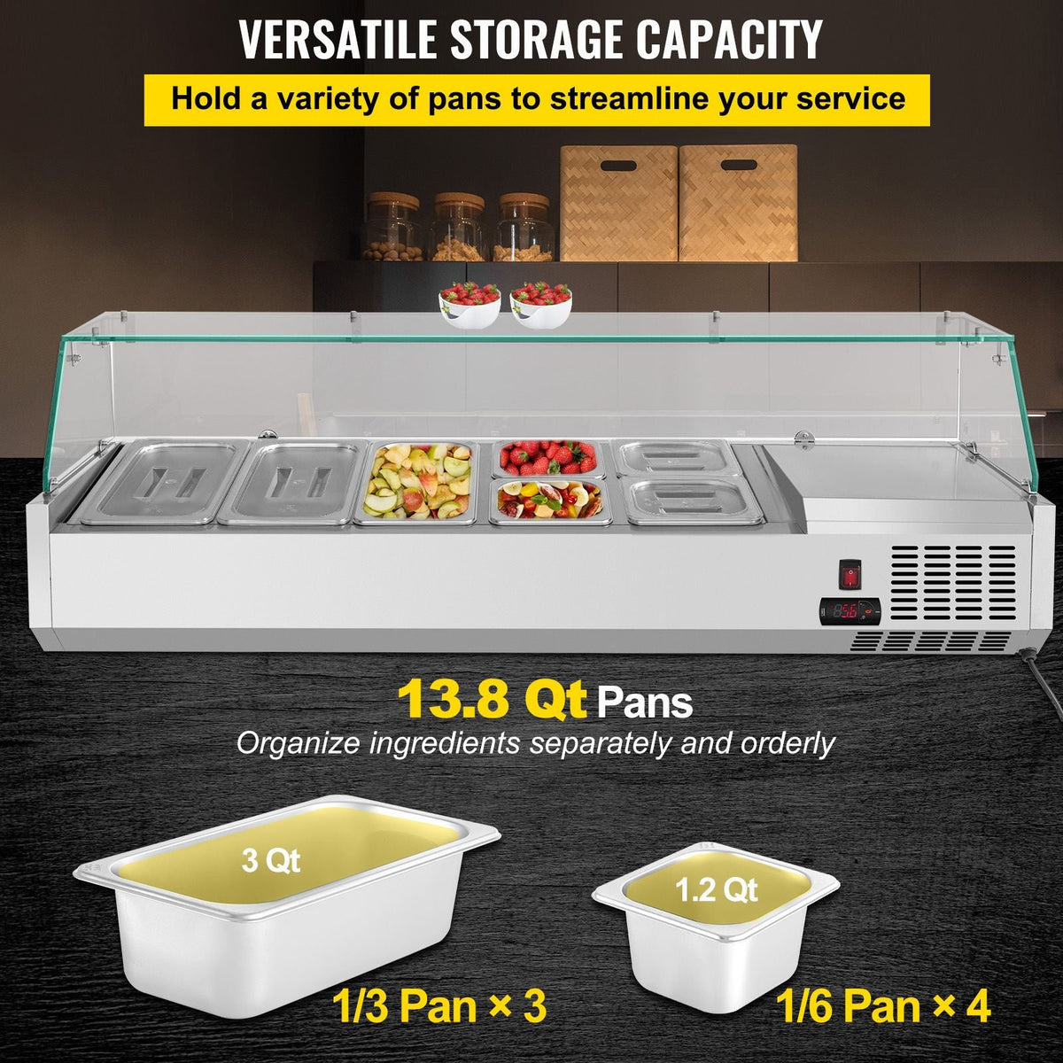 Refrigerated Condiment Prep Station, 55-Inch, 13.8Qt Sandwich Prep Table with 3 1/3 Pans & 4 1/6 Pans, 150W Salad Bar with 304 Stainless Body Tempered Glass Shield Digital Temp Display Auto Defr