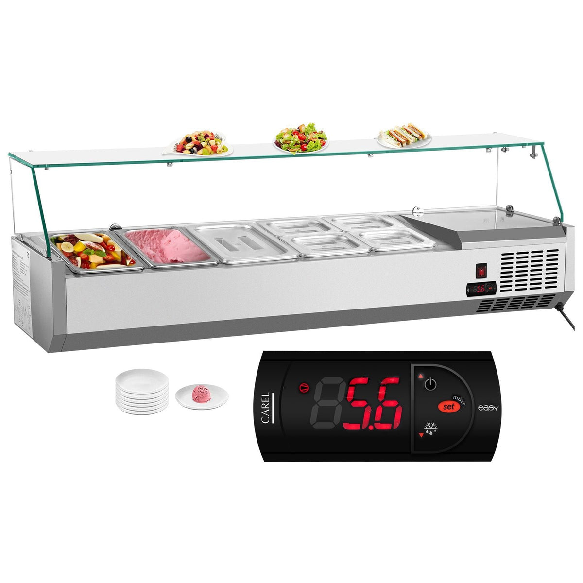 Refrigerated Condiment Prep Station, 55-Inch, 13.8Qt Sandwich Prep Table with 3 1/3 Pans & 4 1/6 Pans, 150W Salad Bar with 304 Stainless Body Tempered Glass Shield Digital Temp Display Auto Defr