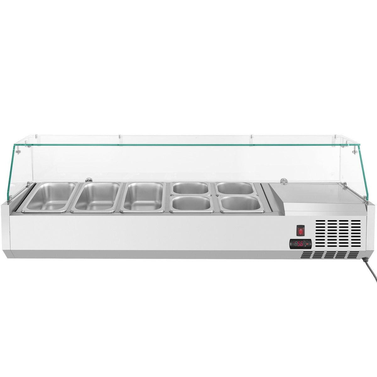 Refrigerated Condiment Prep Station, 55-Inch, 13.8Qt Sandwich Prep Table with 3 1/3 Pans & 4 1/6 Pans, 150W Salad Bar with 304 Stainless Body Tempered Glass Shield Digital Temp Display Auto Defr
