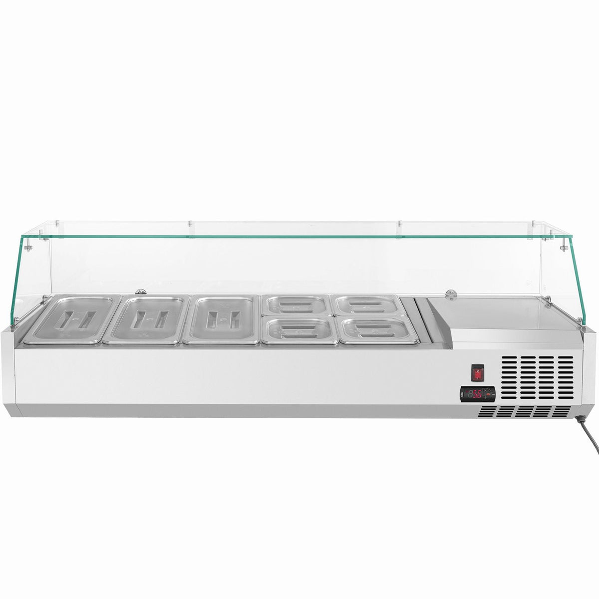 Refrigerated Condiment Prep Station, 55-Inch, 13.8Qt Sandwich Prep Table with 3 1/3 Pans & 4 1/6 Pans, 150W Salad Bar with 304 Stainless Body Tempered Glass Shield Digital Temp Display Auto Defr