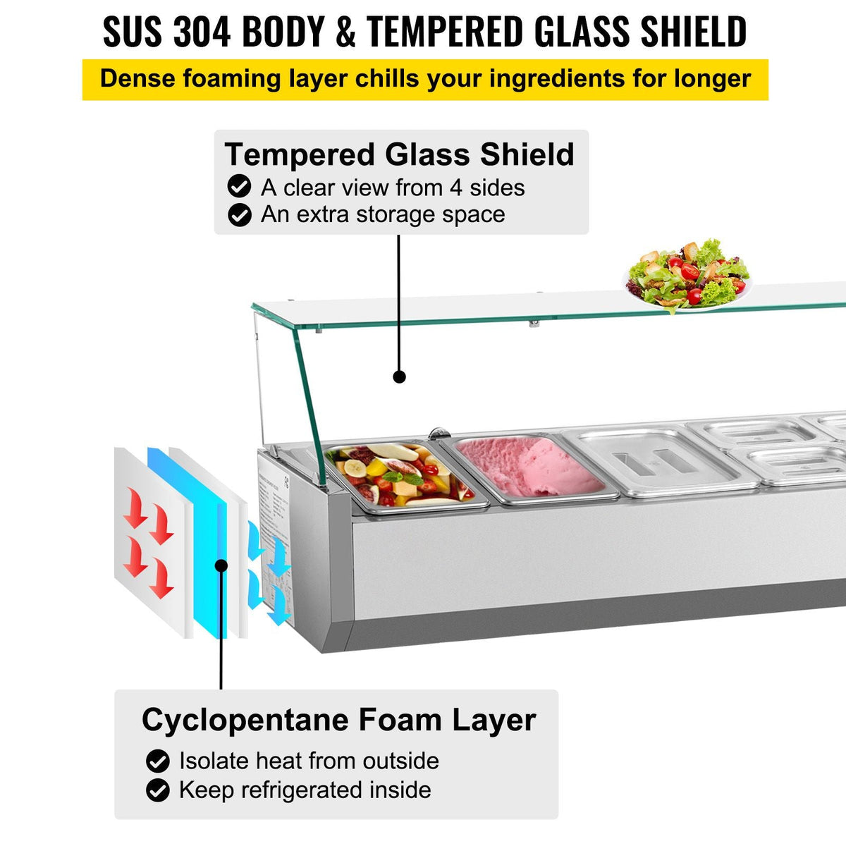 Refrigerated Condiment Prep Station, 55-Inch, 13.8Qt Sandwich Prep Table with 3 1/3 Pans & 4 1/6 Pans, 150W Salad Bar with 304 Stainless Body Tempered Glass Shield Digital Temp Display Auto Defr