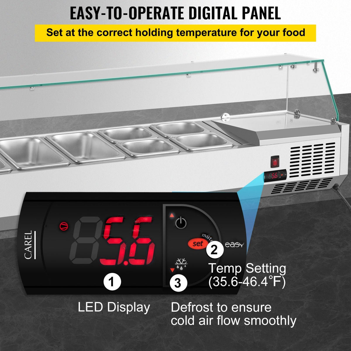Refrigerated Condiment Prep Station, 55-Inch, 13.8Qt Sandwich Prep Table with 3 1/3 Pans & 4 1/6 Pans, 150W Salad Bar with 304 Stainless Body Tempered Glass Shield Digital Temp Display Auto Defr