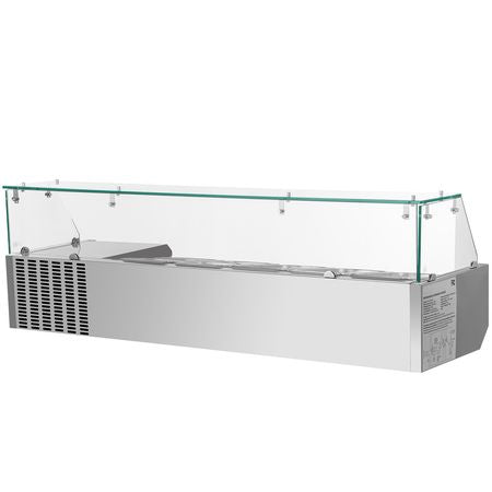 Refrigerated Condiment Prep Station, 55-Inch, 13.8Qt Sandwich Prep Table with 3 1/3 Pans & 4 1/6 Pans, 150W Salad Bar with 304 Stainless Body Tempered Glass Shield Digital Temp Display Auto Defr