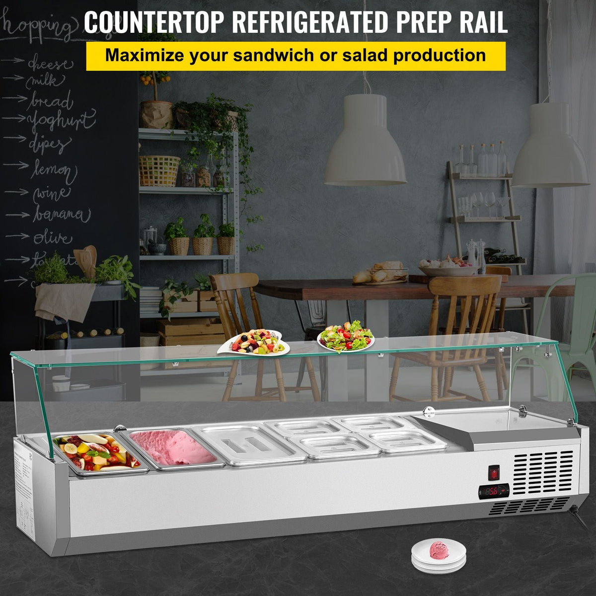 Refrigerated Condiment Prep Station, 55-Inch, 13.8Qt Sandwich Prep Table with 3 1/3 Pans & 4 1/6 Pans, 150W Salad Bar with 304 Stainless Body Tempered Glass Shield Digital Temp Display Auto Defr