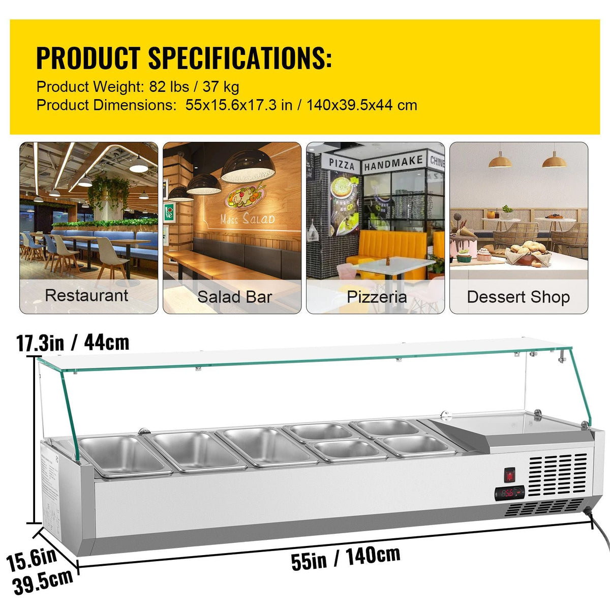 Refrigerated Condiment Prep Station, 55-Inch, 13.8Qt Sandwich Prep Table with 3 1/3 Pans & 4 1/6 Pans, 150W Salad Bar with 304 Stainless Body Tempered Glass Shield Digital Temp Display Auto Defr