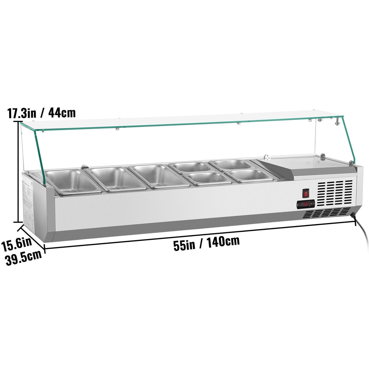 Refrigerated Condiment Prep Station, 55-Inch, 13.8Qt Sandwich Prep Table with 3 1/3 Pans & 4 1/6 Pans, 150W Salad Bar with 304 Stainless Body Tempered Glass Shield Digital Temp Display Auto Defr