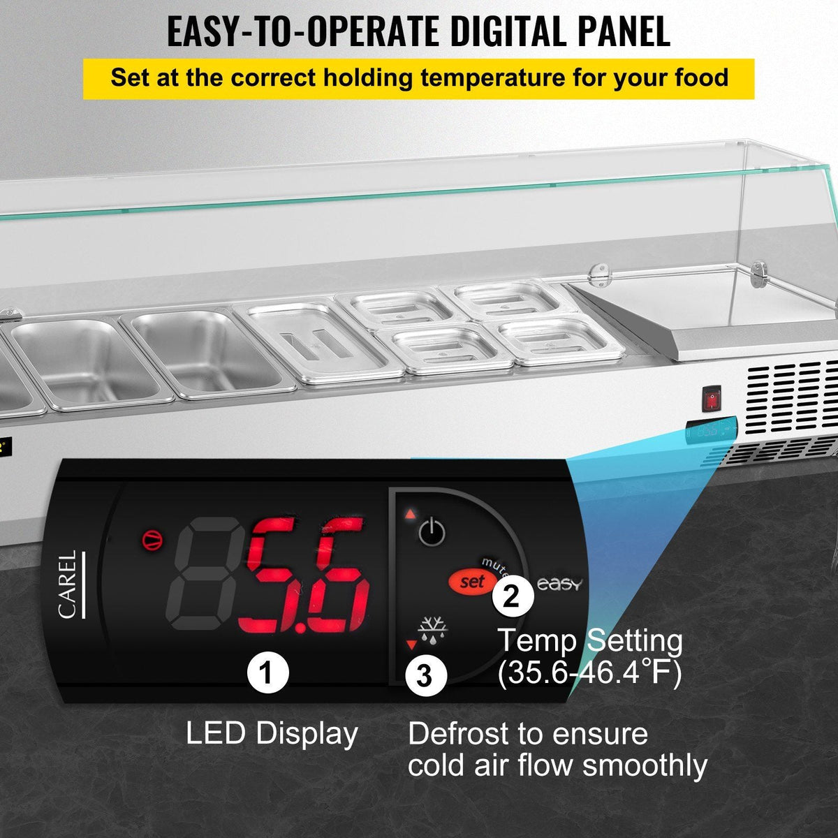Refrigerated Condiment Prep Station, 60-Inch, 16.8Qt Sandwich Prep Table with 4 1/3 Pans & 4 1/6 Pans, 146W Salad Bar with 304 Stainless Body Tempered Glass Shield Digital Temp Display Auto Defr