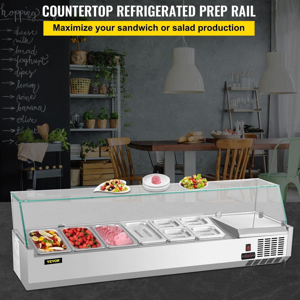 Refrigerated Condiment Prep Station, 60-Inch, 16.8Qt Sandwich Prep Table with 4 1/3 Pans & 4 1/6 Pans, 146W Salad Bar with 304 Stainless Body Tempered Glass Shield Digital Temp Display Auto Defr