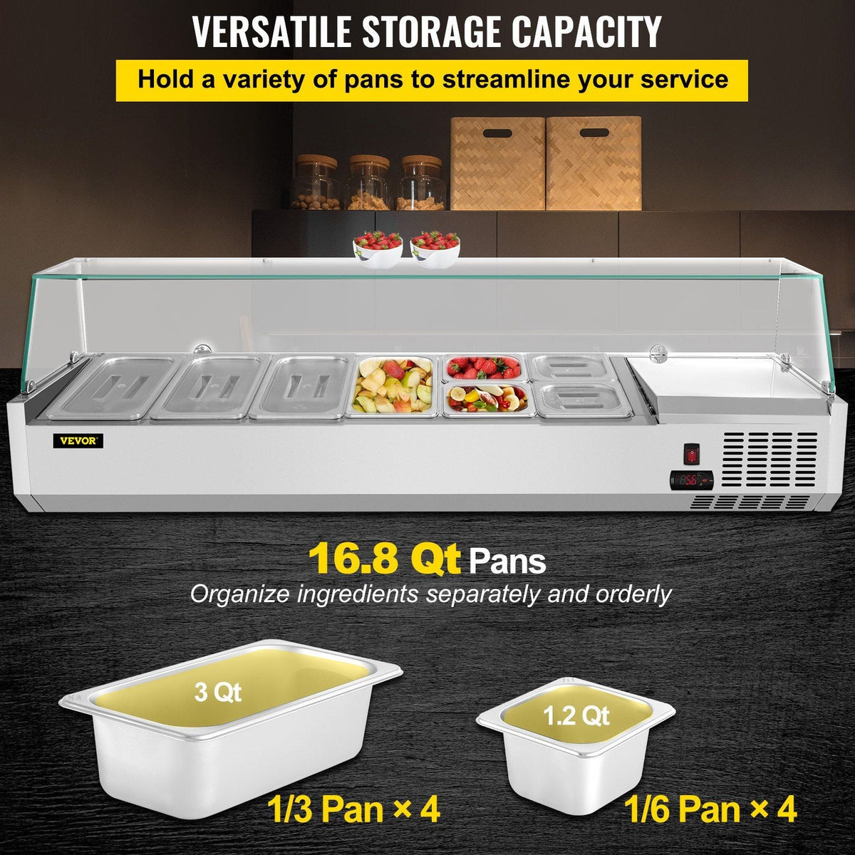 Refrigerated Condiment Prep Station, 60-Inch, 16.8Qt Sandwich Prep Table with 4 1/3 Pans & 4 1/6 Pans, 146W Salad Bar with 304 Stainless Body Tempered Glass Shield Digital Temp Display Auto Defr