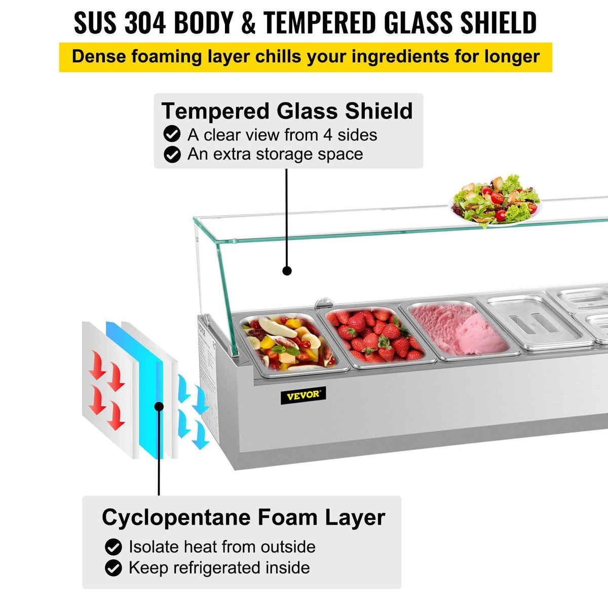 Refrigerated Condiment Prep Station, 60-Inch, 16.8Qt Sandwich Prep Table with 4 1/3 Pans & 4 1/6 Pans, 146W Salad Bar with 304 Stainless Body Tempered Glass Shield Digital Temp Display Auto Defr