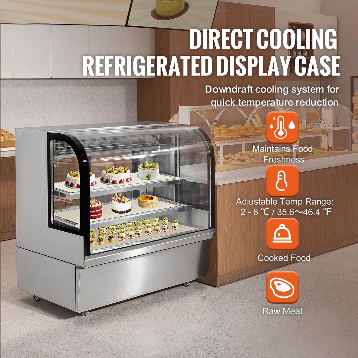 Refrigerated Display Case, 18 Cu.Ft./505L Large Pastry Display Case, 2-Tier Commercial Display Refrigerator with LED Lighting, Downdraft Cooling, Movable with Casters, for Bakery