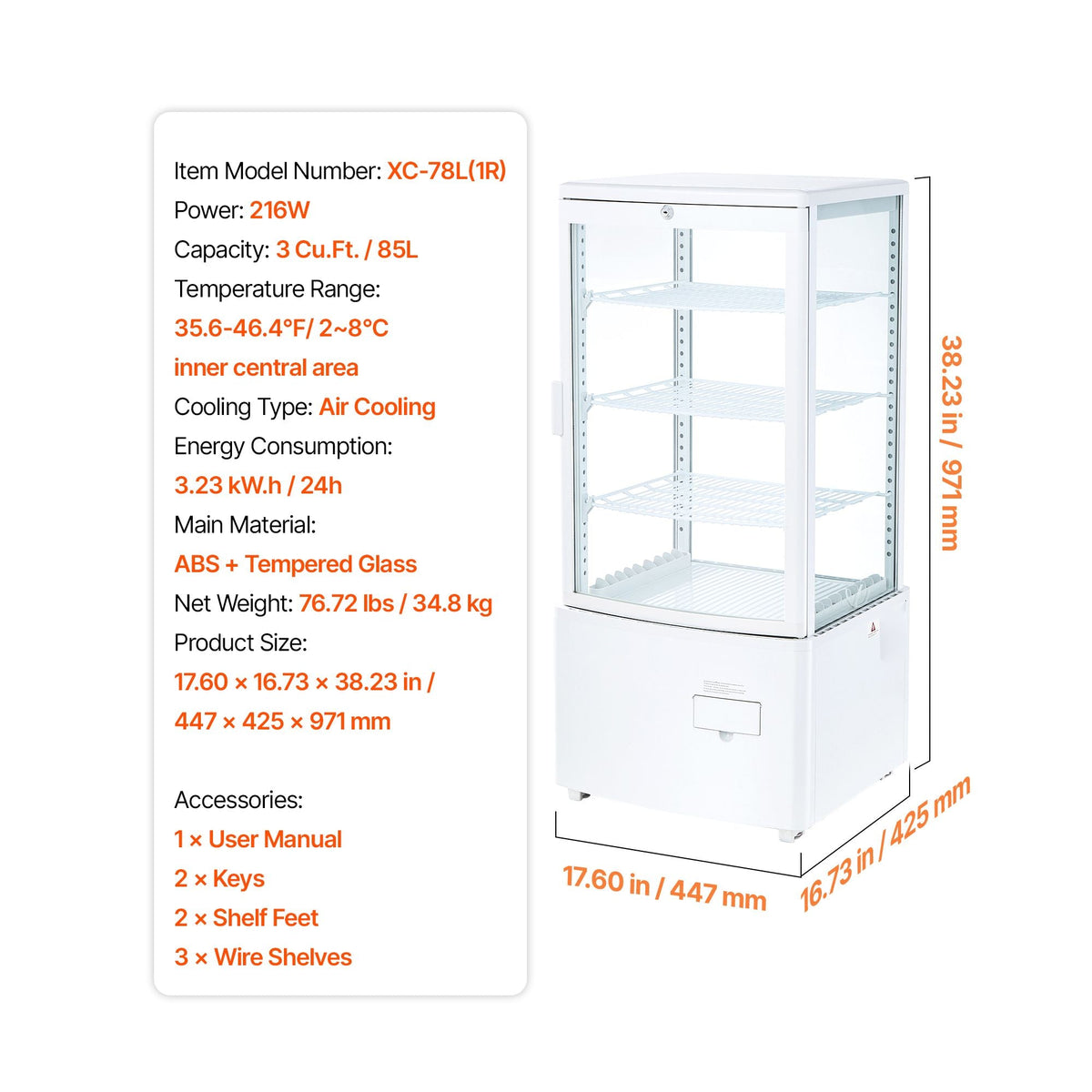 Refrigerated Display Case, 3 Cu.Ft./85L Countertop Pastry Display Case, 3-Tier Commercial Cake Refrigerator with LED Lighting, TURBO Cooling, Frost-Free Air-Cooling, for Bakery, Dessert Shop