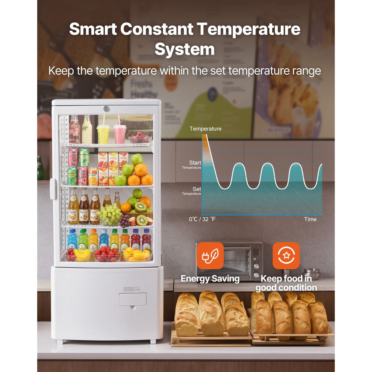 Refrigerated Display Case, 3 Cu.Ft./85L Countertop Pastry Display Case, 3-Tier Commercial Cake Refrigerator with LED Lighting, TURBO Cooling, Frost-Free Air-Cooling, for Bakery, Dessert Shop