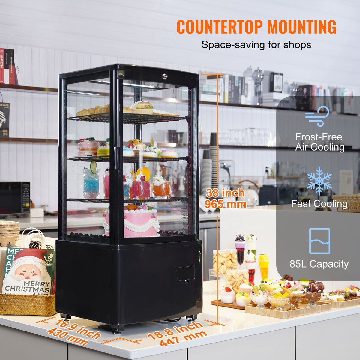 Refrigerated Display Case, 3 Cu.Ft./85L Countertop Pastry Display Case, 3-Tier Commercial Display Refrigerator with LED Lighting, TURBO Cooling, Frost-Free Air-Cooling, Locked Door for Bakery
