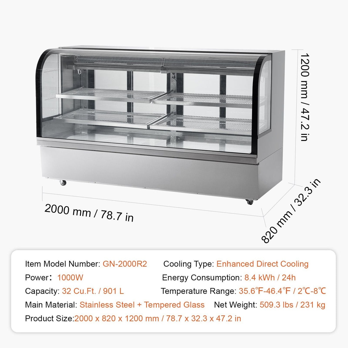 Refrigerated Display Case, 32 Cu.Ft./901L Large Pastry Display Case, 4-Tier Commercial Display Refrigerator with LED Lighting, Downdraft Cooling, Movable with Casters, for Bakery