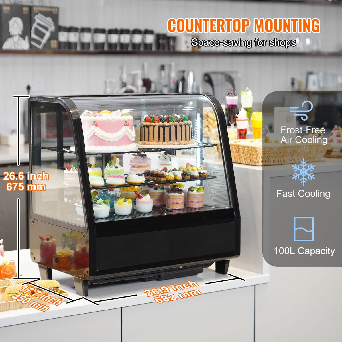 Refrigerated Display Case, 3.5 Cu.Ft./100L, 2-Tier, Countertop Pastry Display Case Commercial Display Refrigerator with LED Lighting, TURBO Cooling, Frost-Free Air-Cooling, Rear Sliding Door