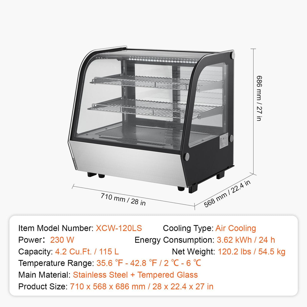 Refrigerated Display Case, 4.2 Cu.Ft./115L Countertop Pastry Display Case, 2-Tier Commercial Display Refrigerator with LED Lighting, TURBO Cooling, Frost-Free Air-Cooling, for Bakery