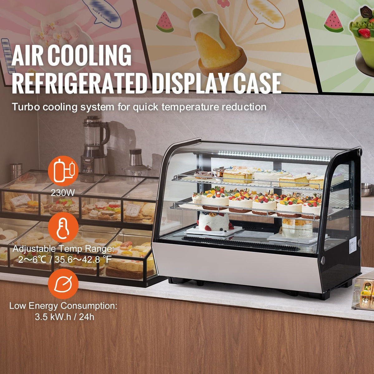 Refrigerated Display Case, 5 Cu.Ft./146L Countertop Pastry Display Case, 2-Tier Commercial Display Refrigerator with LED Lighting, TURBO Cooling, Frost-Free Air-Cooling, for Bakery