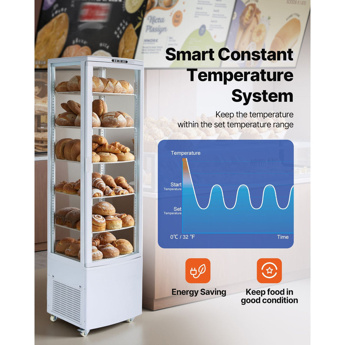 Refrigerated Display Case, 9.8 Cu.Ft./278L Large Pastry Display Case, 5-Tier Commercial Cake Refrigerator with LED Lighting, TURBO Cooling, Frost-Free Air-Cooling, for Bakery, Dessert Shop