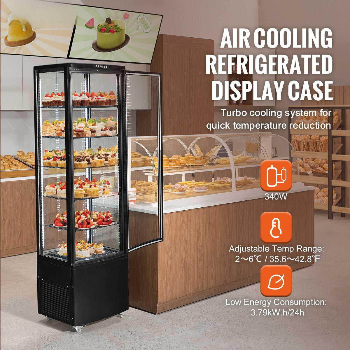 Refrigerated Display Case, 9.8 Cu.Ft./278L Large Pastry Display Case, 5-Tier Commercial Display Refrigerator with LED Lighting, TURBO Cooling, Frost-Free Air-Cooling, for Bakery