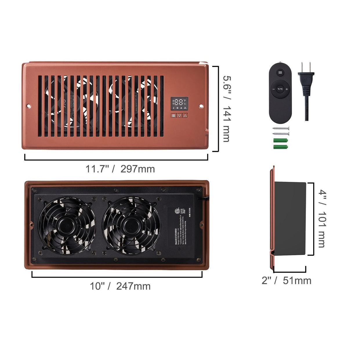 Register Booster Fan, Quiet Vent Booster Fan Fits 4' x 10' Register Holes, with Remote Control and Thermostat Control, Adjustable Speed for Heating Cooling Smart Vent, Brown