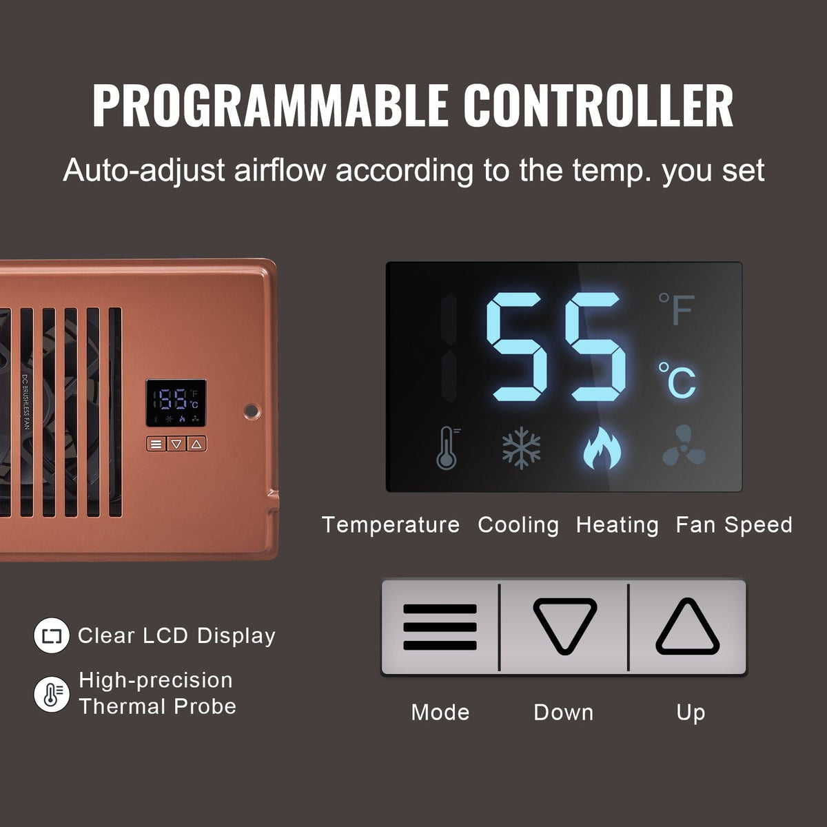Register Booster Fan, Quiet Vent Booster Fan Fits 4' x 10' Register Holes, with Remote Control and Thermostat Control, Adjustable Speed for Heating Cooling Smart Vent, Brown