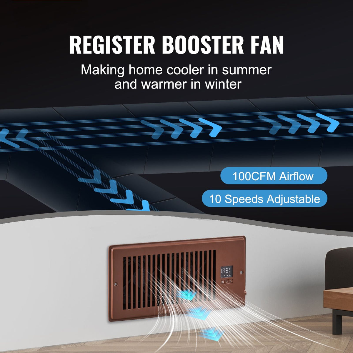 Register Booster Fan, Quiet Vent Booster Fan Fits 4' x 10' Register Holes, with Remote Control and Thermostat Control, Adjustable Speed for Heating Cooling Smart Vent, Brown
