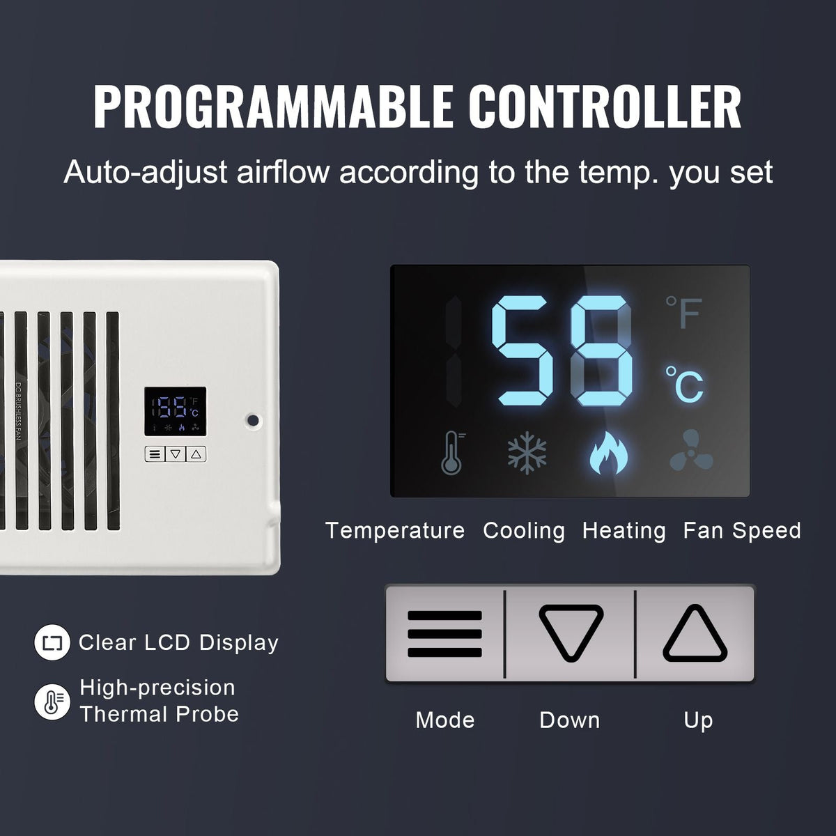 Register Booster Fan, Quiet Vent Booster Fan Fits 4' x 12' Register Holes, with Remote Control and Thermostat Control, Adjustable Speed for Heating Cooling Smart Vent, White