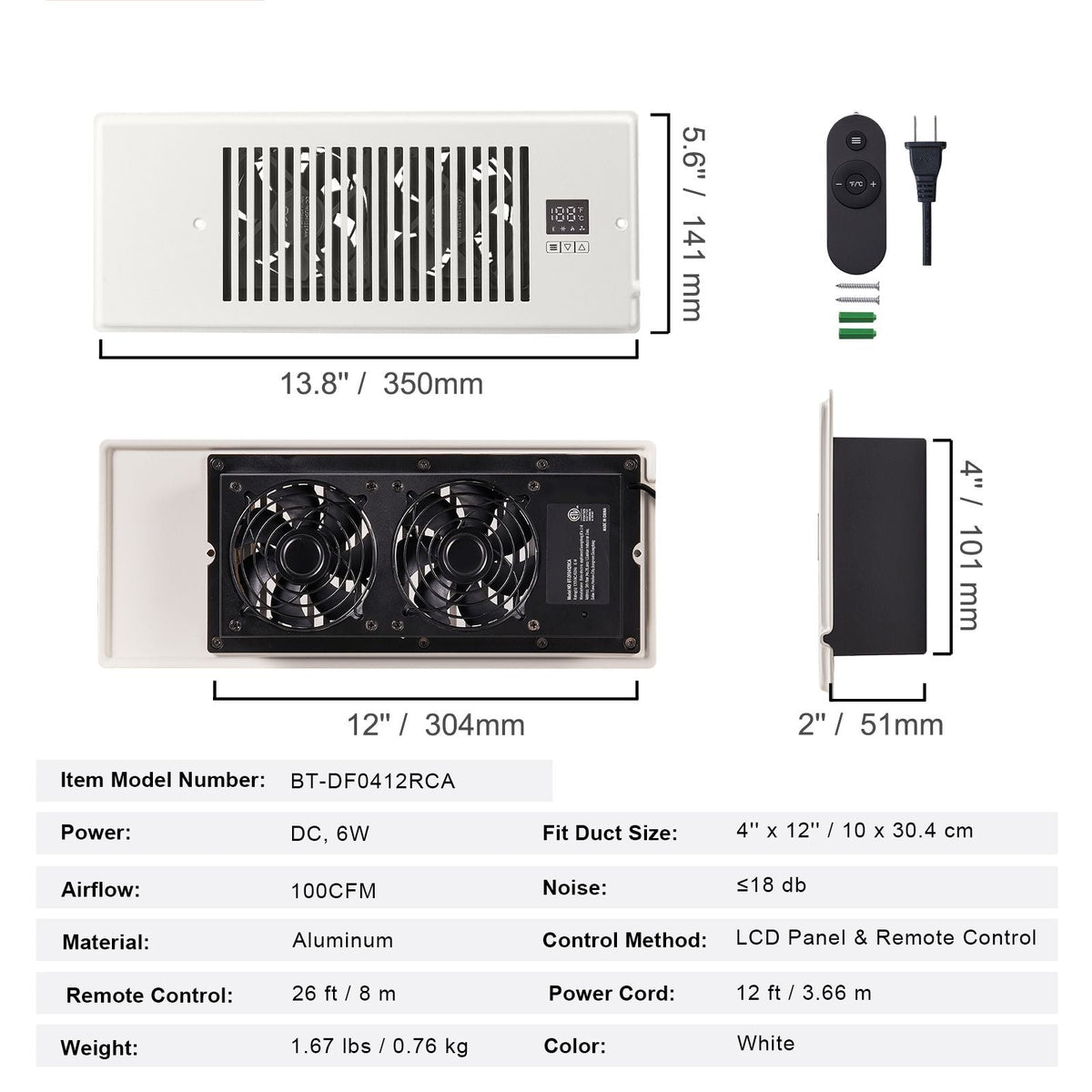 Register Booster Fan, Quiet Vent Booster Fan Fits 4' x 12' Register Holes, with Remote Control and Thermostat Control, Adjustable Speed for Heating Cooling Smart Vent, White