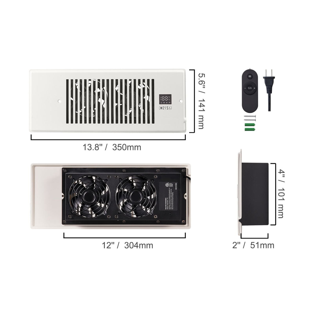 Register Booster Fan, Quiet Vent Booster Fan Fits 4' x 12' Register Holes, with Remote Control and Thermostat Control, Adjustable Speed for Heating Cooling Smart Vent, White