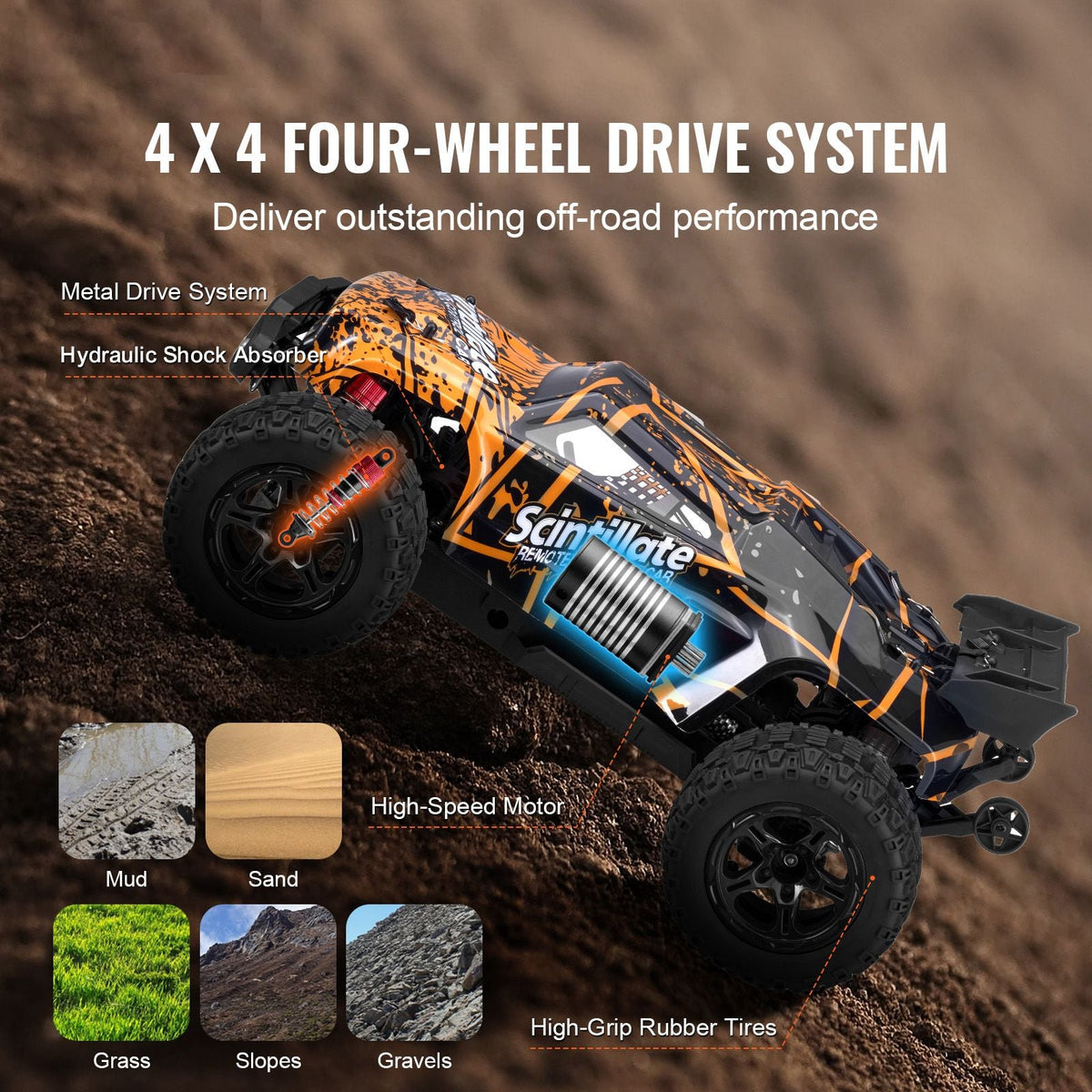 Remote Control Car, 1:10 Scale RC Car for Kids, All Terrain 4WD Off-Road Truck with 45° Wheelie & Adjustable Speed, 50 km/h High-Speed Hobby RC Racing Car Toy, Ideal Gift for 8+ Year Kids, IPX4