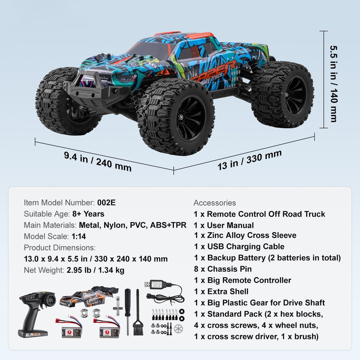 Remote Control Car, 1:14 Scale RC Car for Kids, All Terrain 4WD Off-Road Truck with 1 Extra Car Shell, 45° Wheelie & Adjustable Speed, 42 km/h Hobby RC Car Toy, for 8+ Year Boys Girls