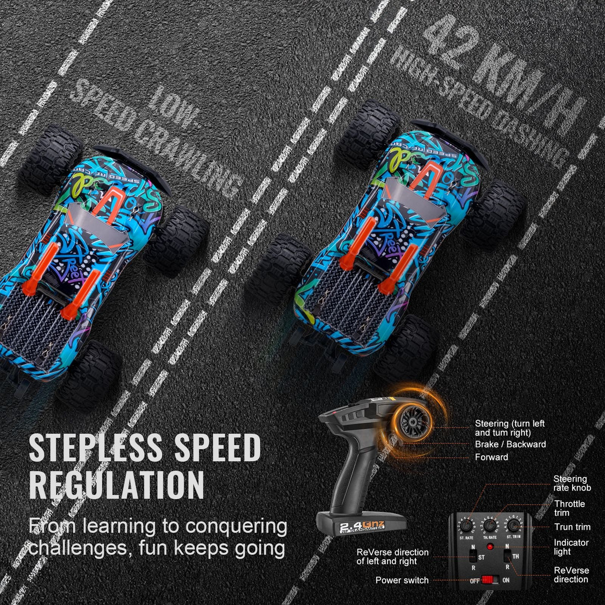 Remote Control Car, 1:14 Scale RC Car for Kids, All Terrain 4WD Off-Road Truck with 1 Extra Car Shell, 45° Wheelie & Adjustable Speed, 42 km/h Hobby RC Car Toy, for 8+ Year Boys Girls