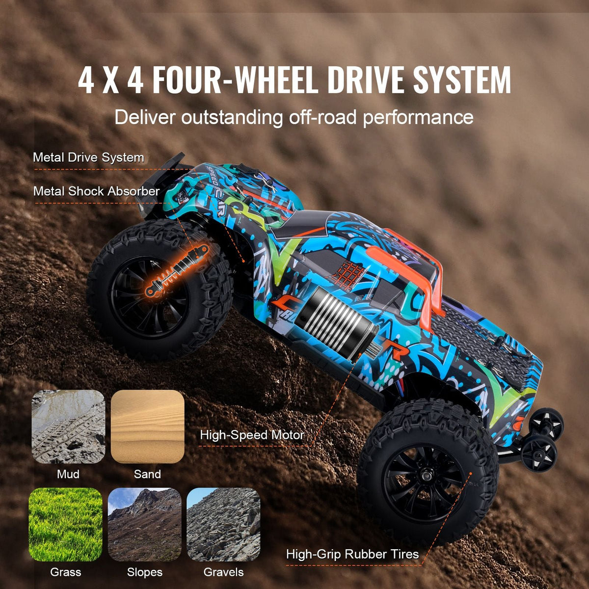 Remote Control Car, 1:14 Scale RC Car for Kids, All Terrain 4WD Off-Road Truck with 1 Extra Car Shell, 45° Wheelie & Adjustable Speed, 42 km/h Hobby RC Car Toy, for 8+ Year Boys Girls