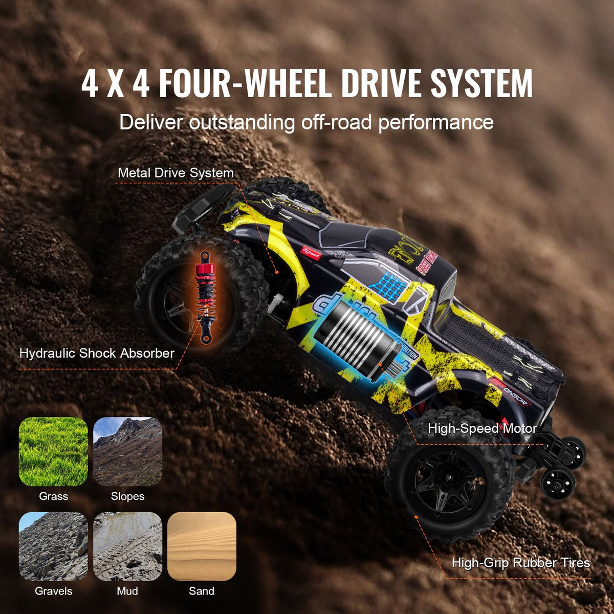 Remote Control Car, 1:18 Scale RC Car for Kids, All Terrain 4WD Off-Road Truck with 45° Wheelie & Adjustable Speed, 45 km/h High-Speed Hobby RC Racing Car Toy, Ideal Gift for 8+ Year Kids, IPX4