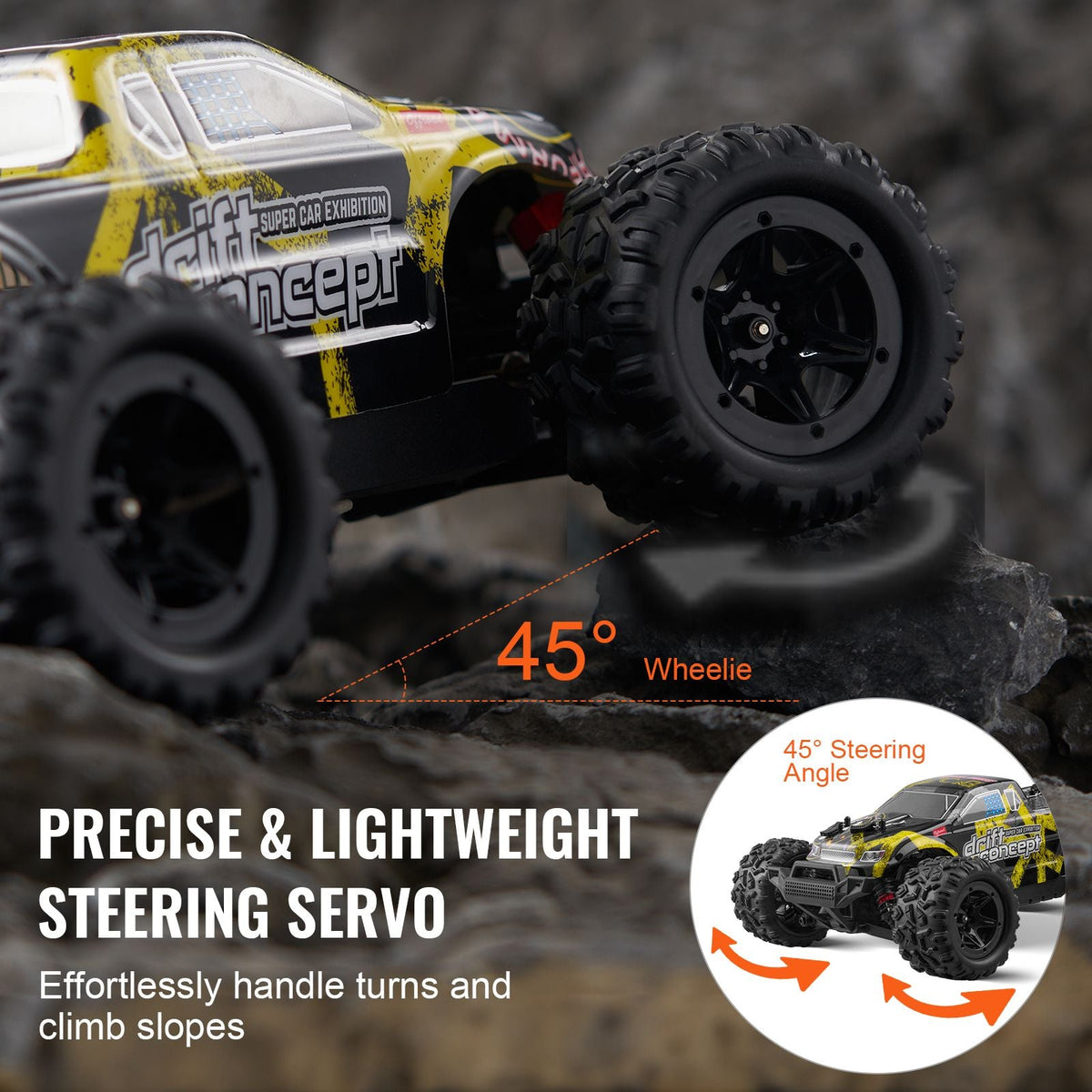 Remote Control Car, 1:18 Scale RC Car for Kids, All Terrain 4WD Off-Road Truck with 45° Wheelie & Adjustable Speed, 45 km/h High-Speed Hobby RC Racing Car Toy, Ideal Gift for 8+ Year Kids, IPX4