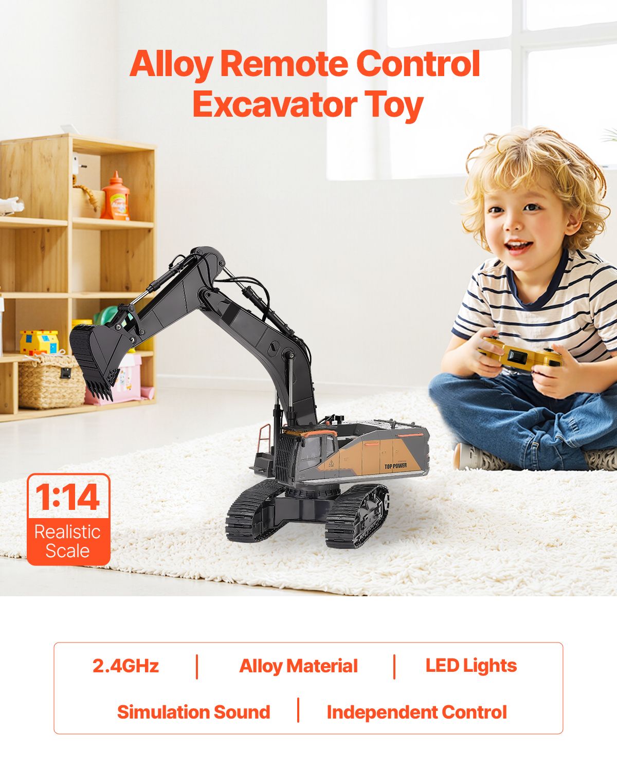 Remote Control Excavator Toy, 22 Channel, 1:14 Scale Remote Control Digger with Metal Shovel, RC Excavator with Lights & Sounds, Full Functional Construction Vehicles for Kids, Birthday Present